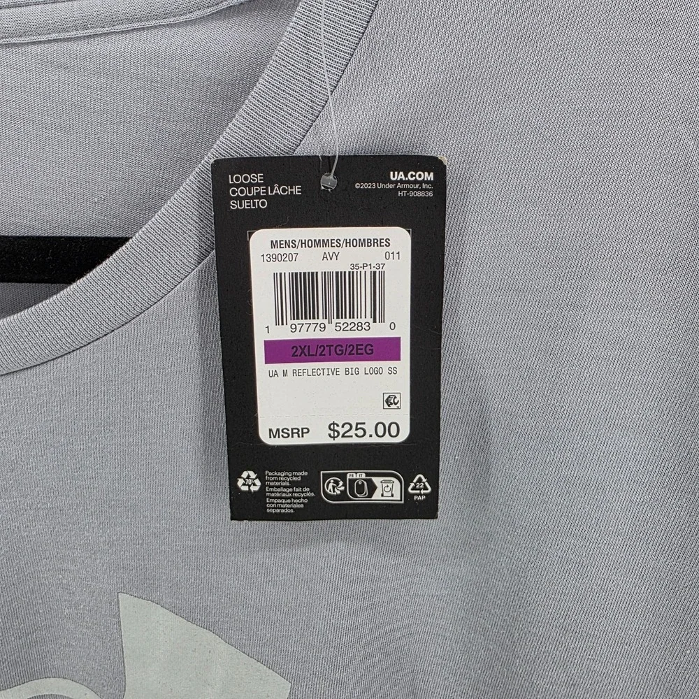 Under Armour Men's Reflective Big Logo Loose Fit T-Shirt Size 2XL Hydro Gray‎
